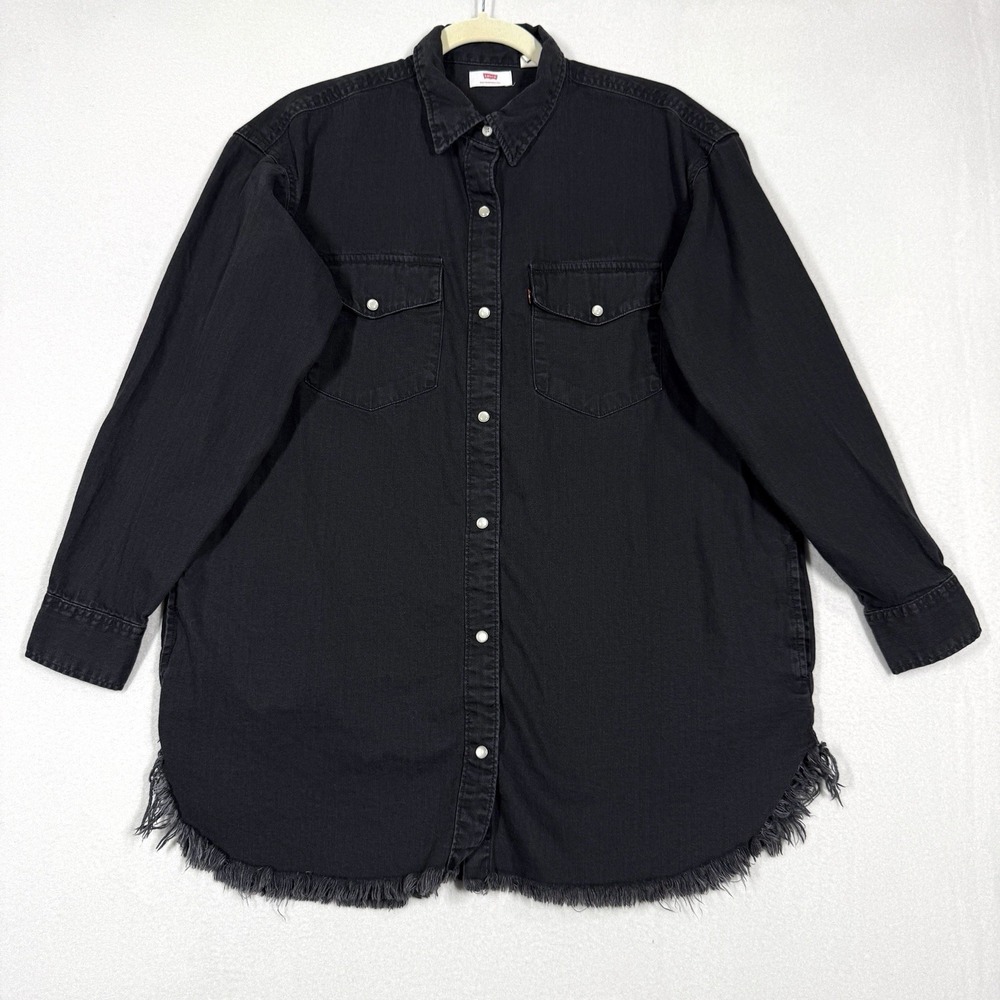 Levis Top Womens Small Pearl Snap Tunic Western Denim Shirt Frayed Hem Black